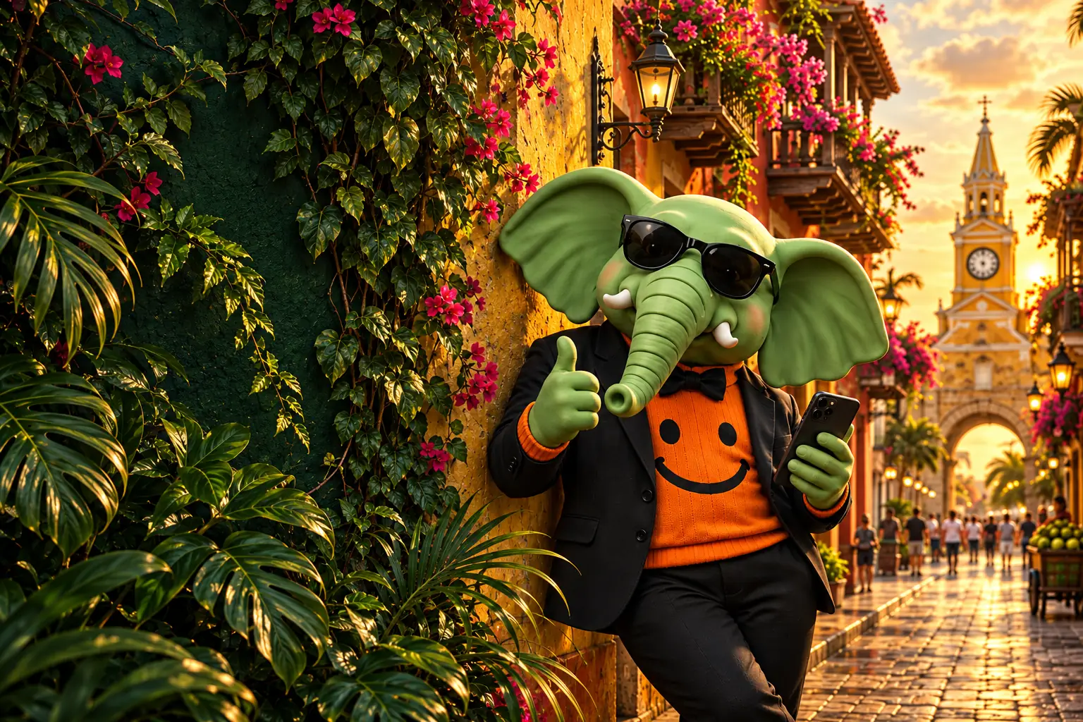 Our elephant guide at the Clock Tower gate in Cartagena