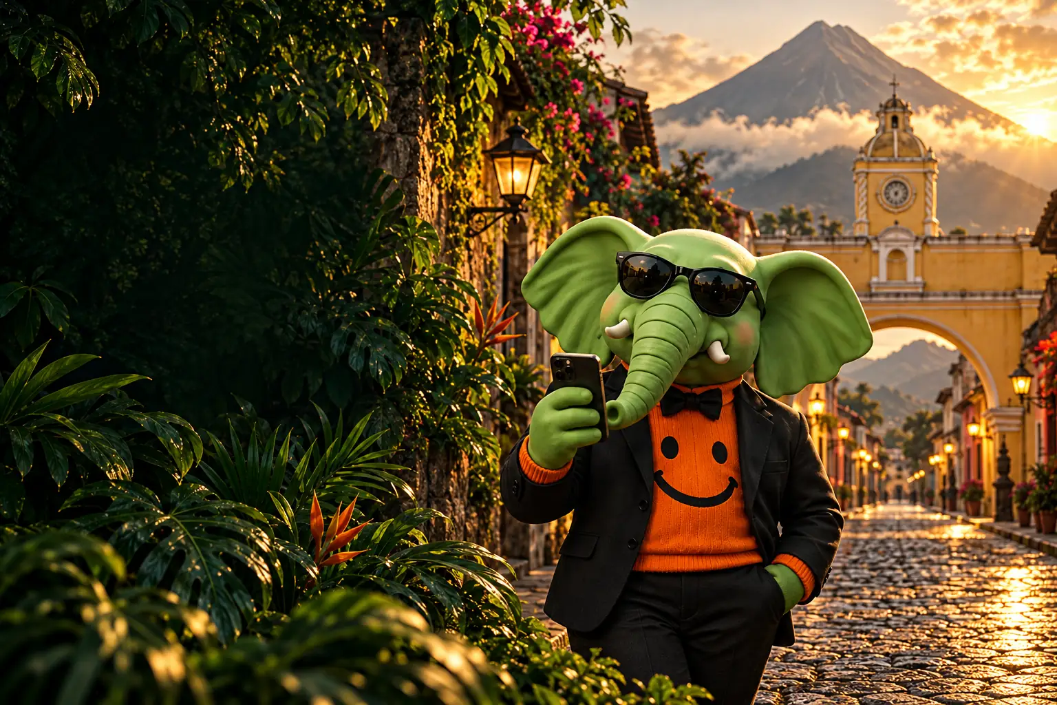 Our elephant guide at the Santa Catalina Arch in Antigua Guatemala