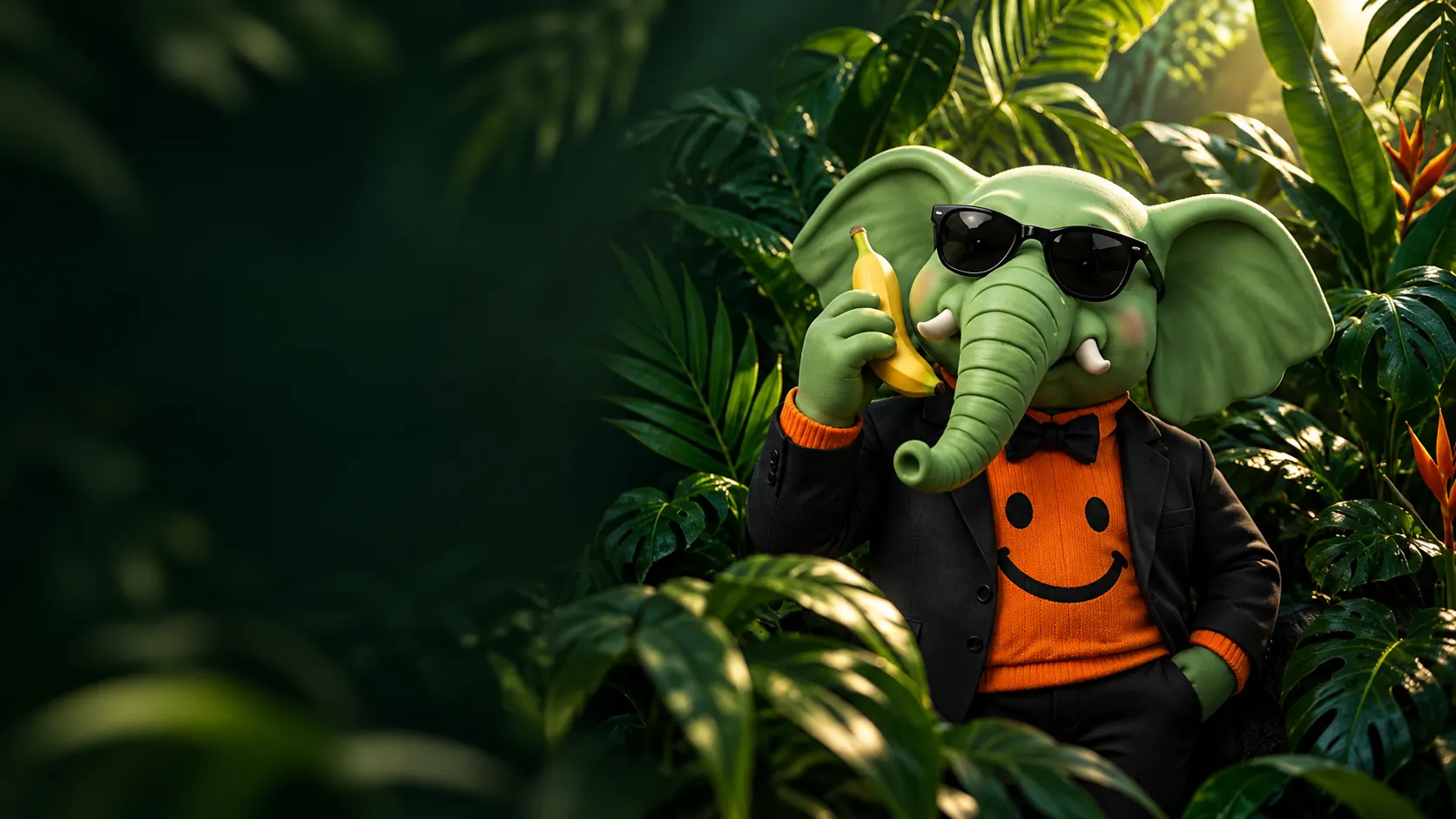 Our green elephant guide in sunglasses and an orange sweater, holding a banana like a phone in the jungle