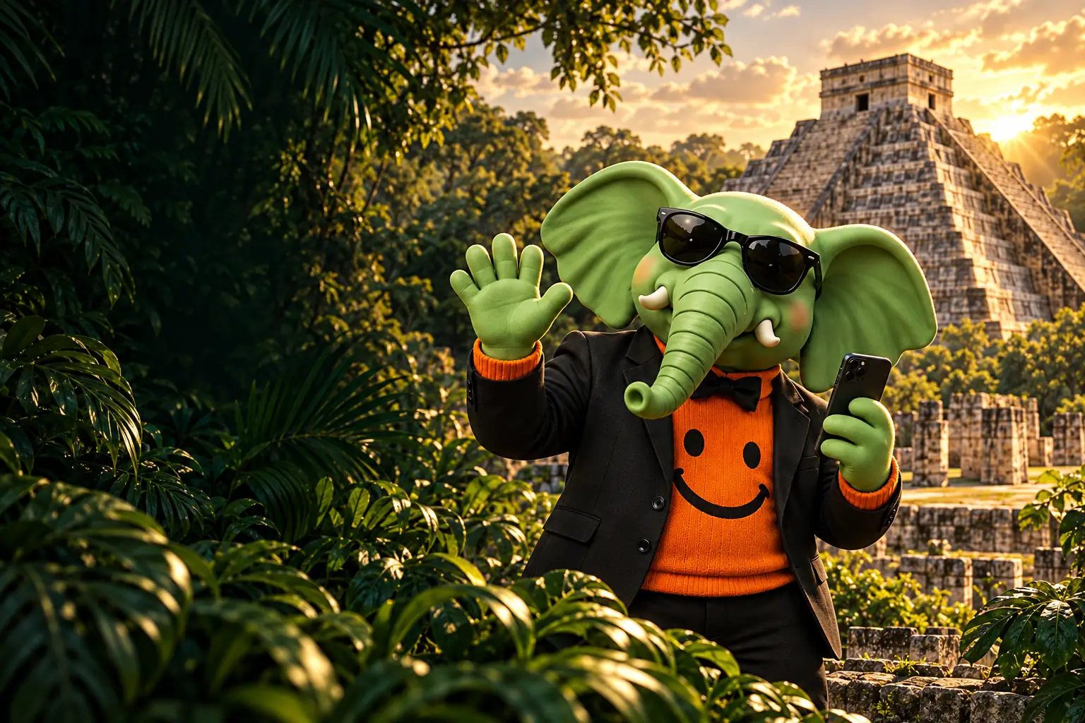 Our elephant guide at El Castillo pyramid at Chichén Itzá
