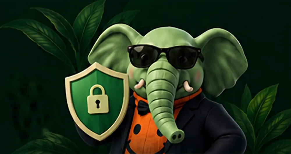 Our elephant guide holding a green security shield with a padlock